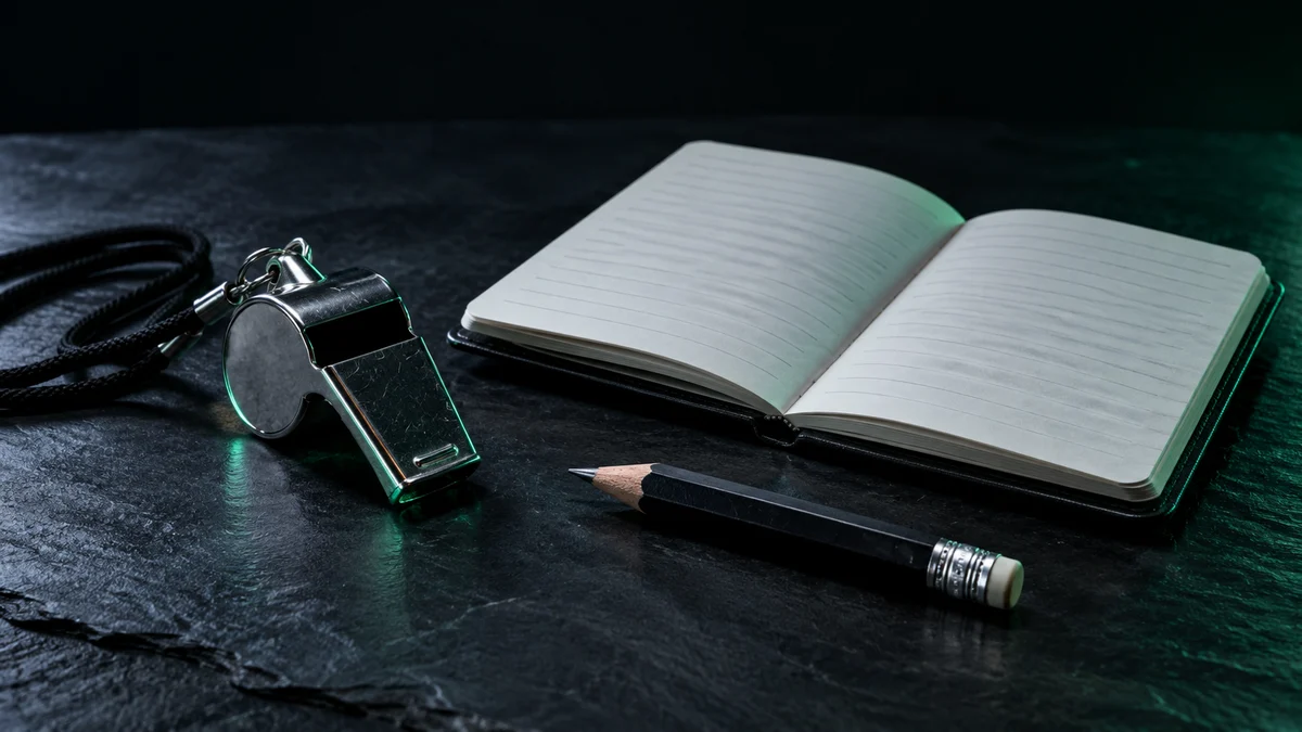 A referee whistle on a cord, an open blank notebook and a pencil on a dark slate surface