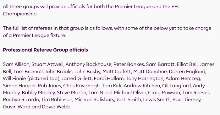 Screenshot of the Premier League announcement listing the Professional Referee Group officials for 2026/27, naming Sam Allison, Stuart Attwell, Anthony Backhouse and the rest of the merged group